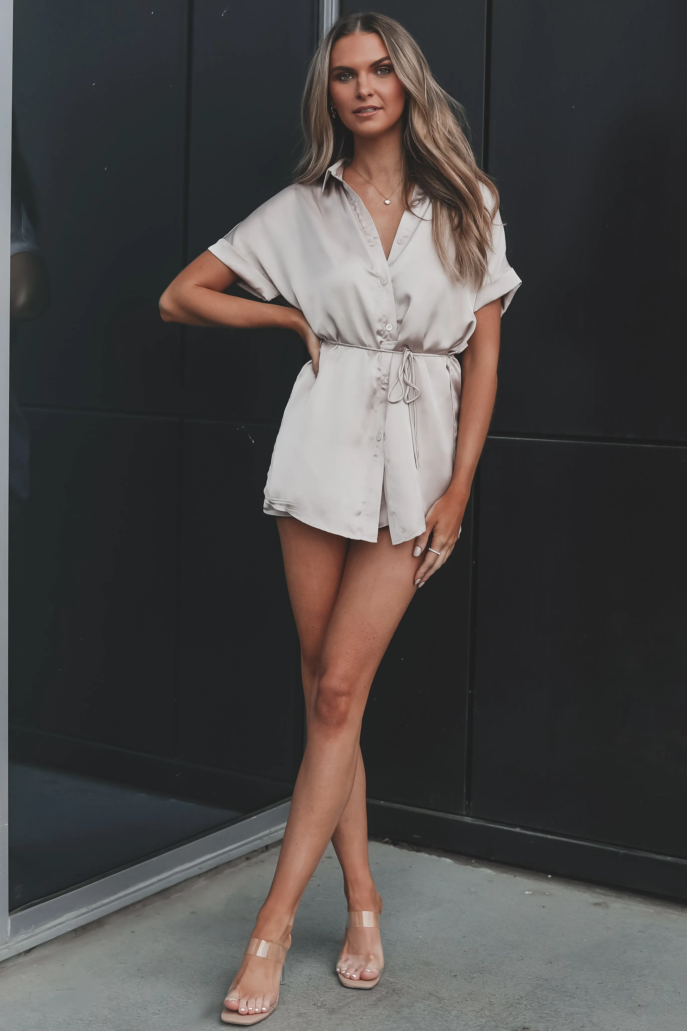 The Beverly Satin Short Sleeve Romper Dress