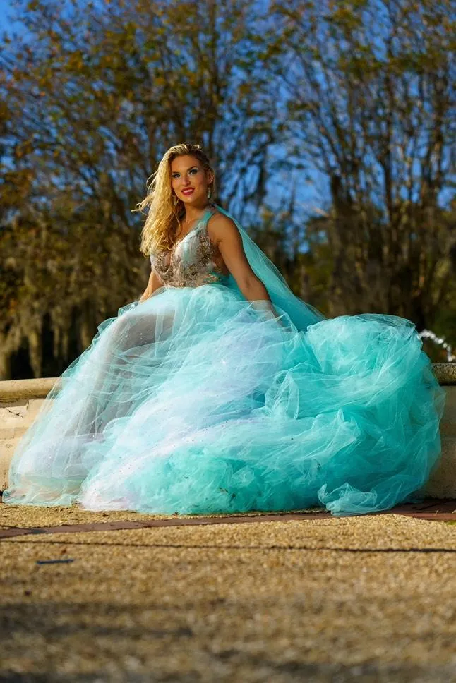 The "DUCHESS VANJA" Ocean Blue Green Crystal Lace & Tulle Wedding Ballgown Set (Custom Order)