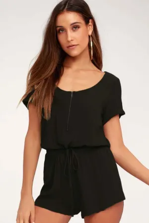 Tie Up Waist With Zipper Front Romper