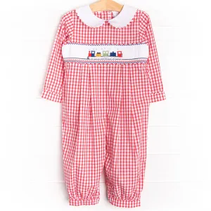 Train Time Smocked Romper, Red