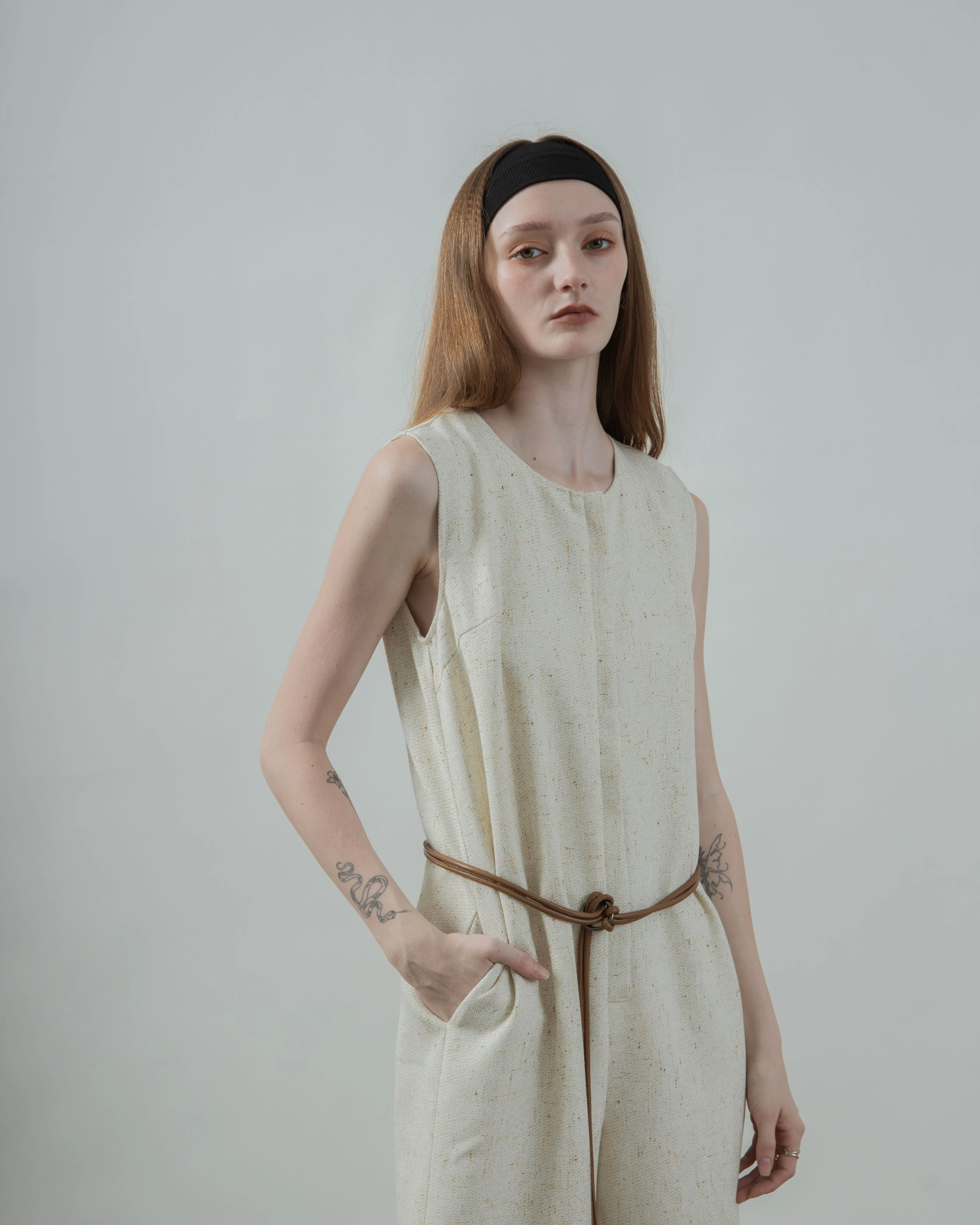 Tweed Sleeveless Loose Jumpsuit (Beige Mix)