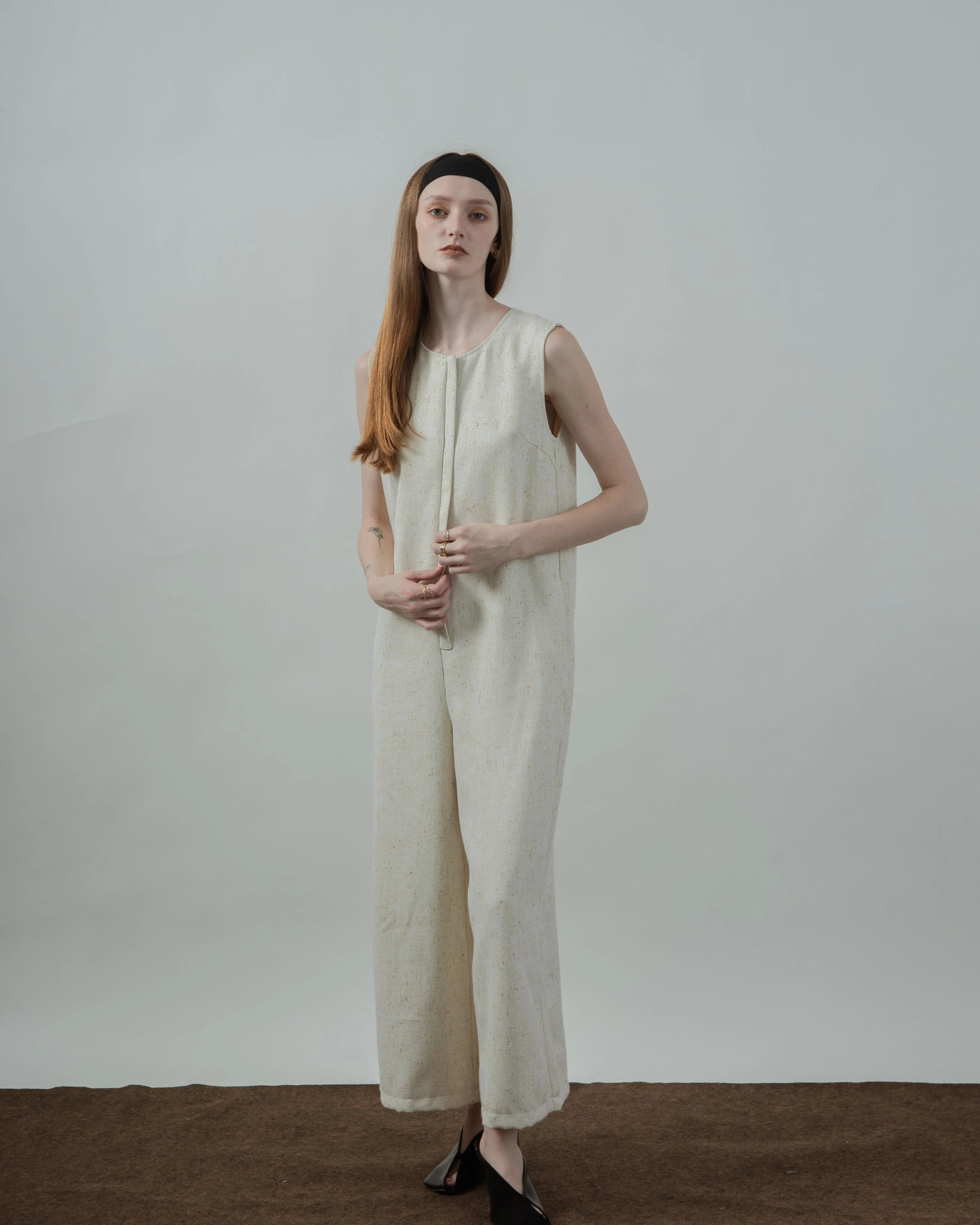 Tweed Sleeveless Loose Jumpsuit (Beige Mix)