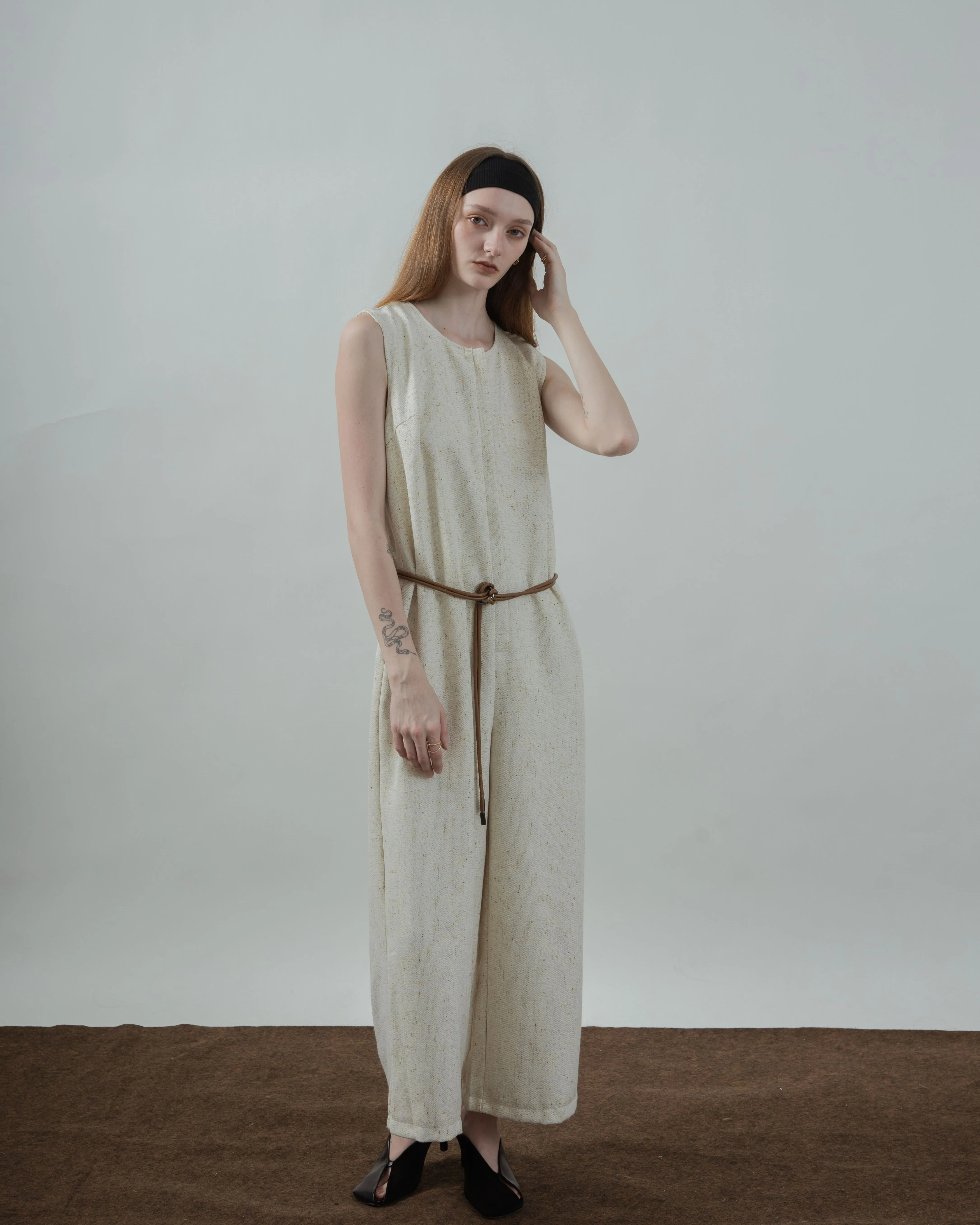 Tweed Sleeveless Loose Jumpsuit (Beige Mix)