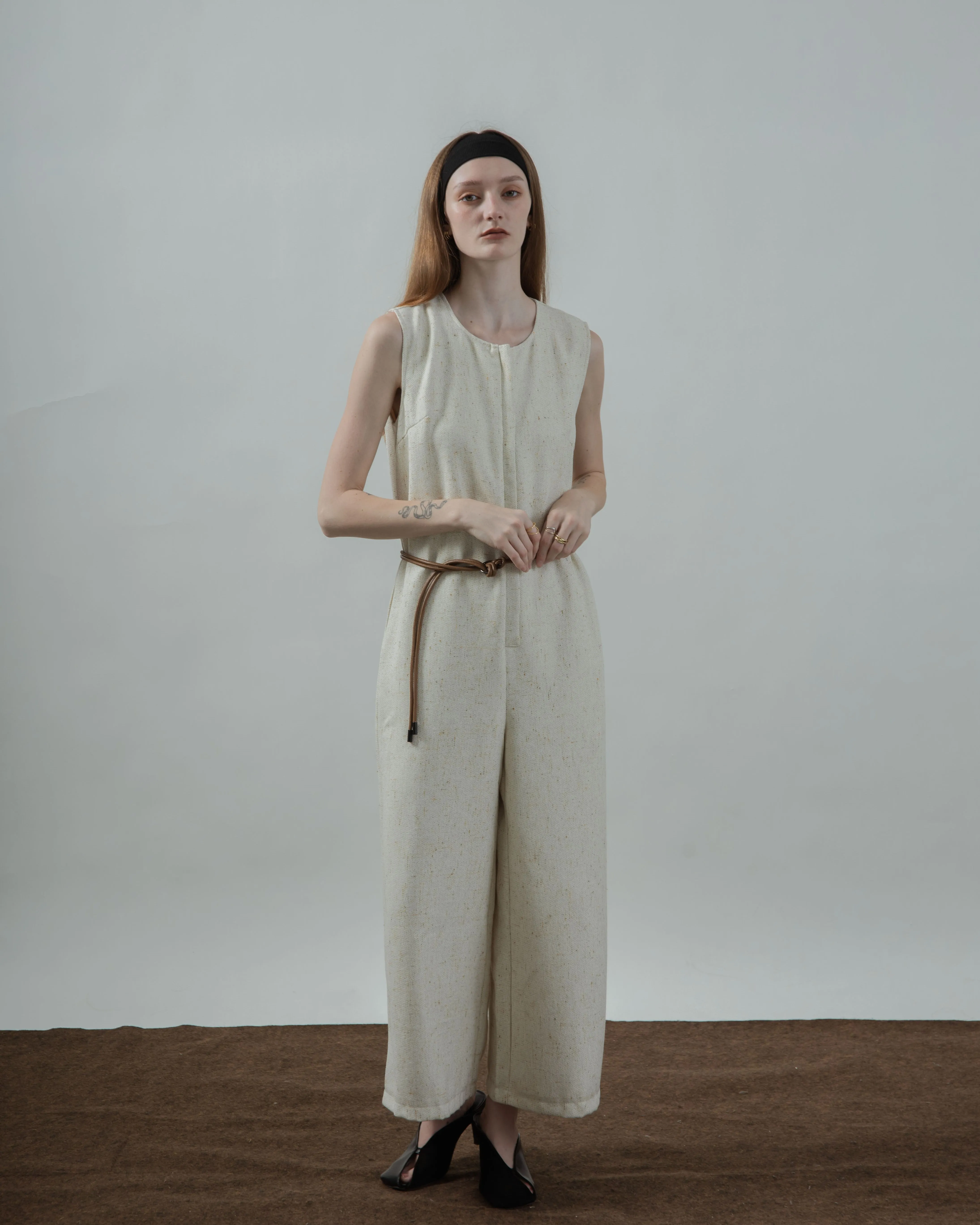 Tweed Sleeveless Loose Jumpsuit (Beige Mix)