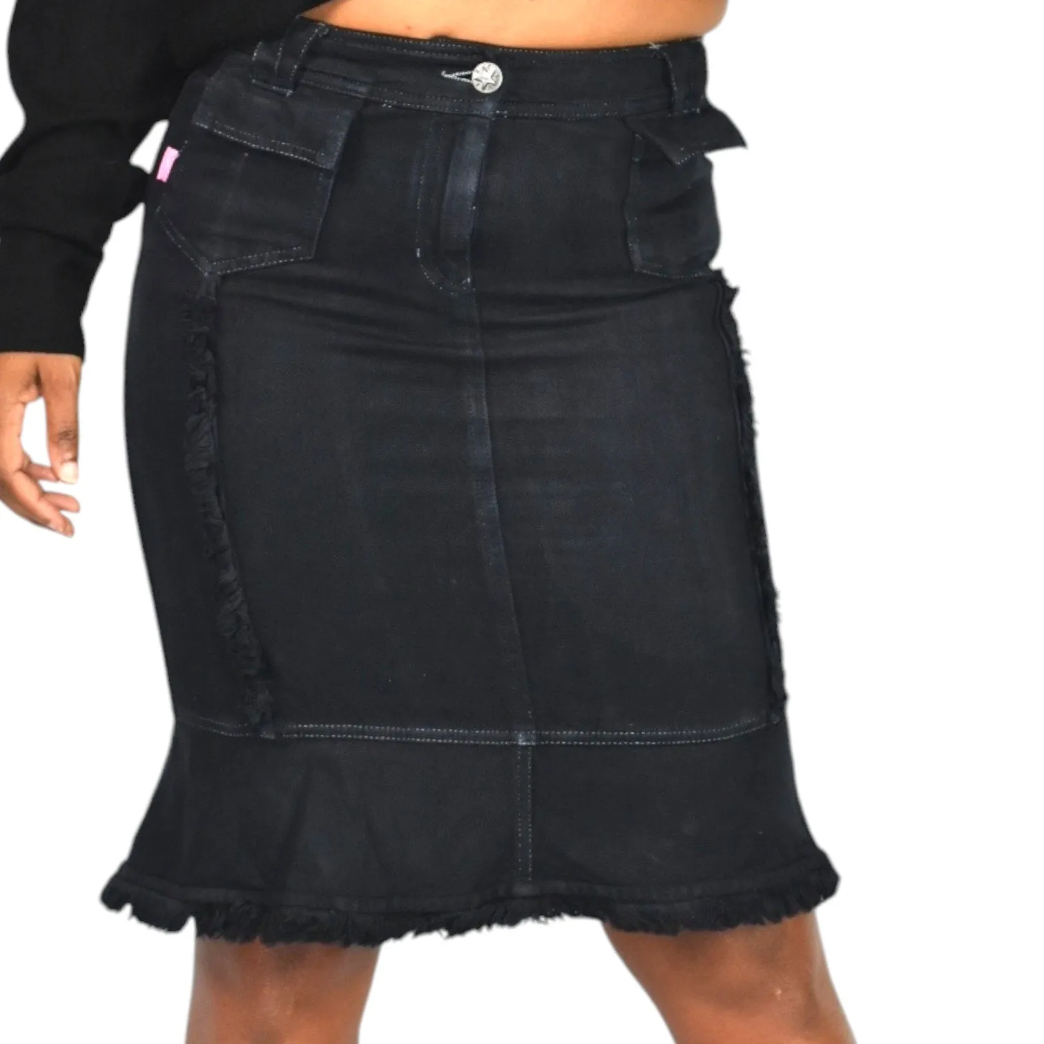 Ungaro Fever Denim Skirt Black Pencil Trumpet Frayed Vintage 00s Y2K Cotton Size 4