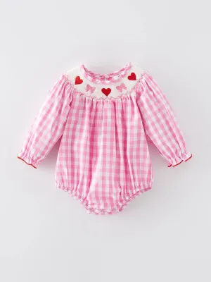 Valentine's Day Heart Bow Smocking Embroidered Pink Romper