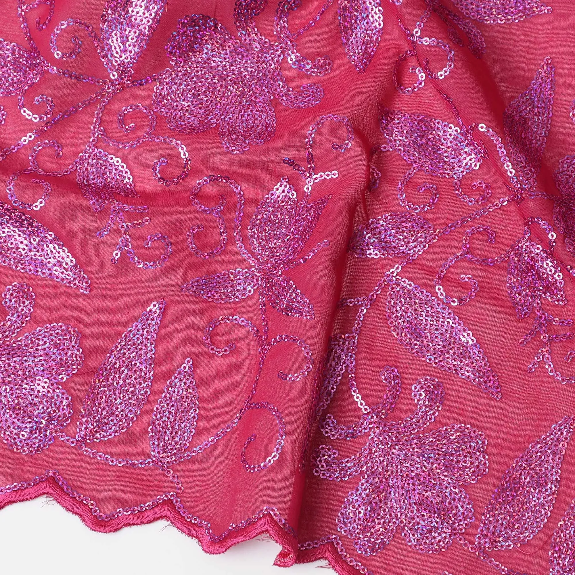 Vibrant Pink Shimmering Embroidery Cotton Voile Fabric for Thobe - 140cm Wide-4.5 Mtrs piece-D18607