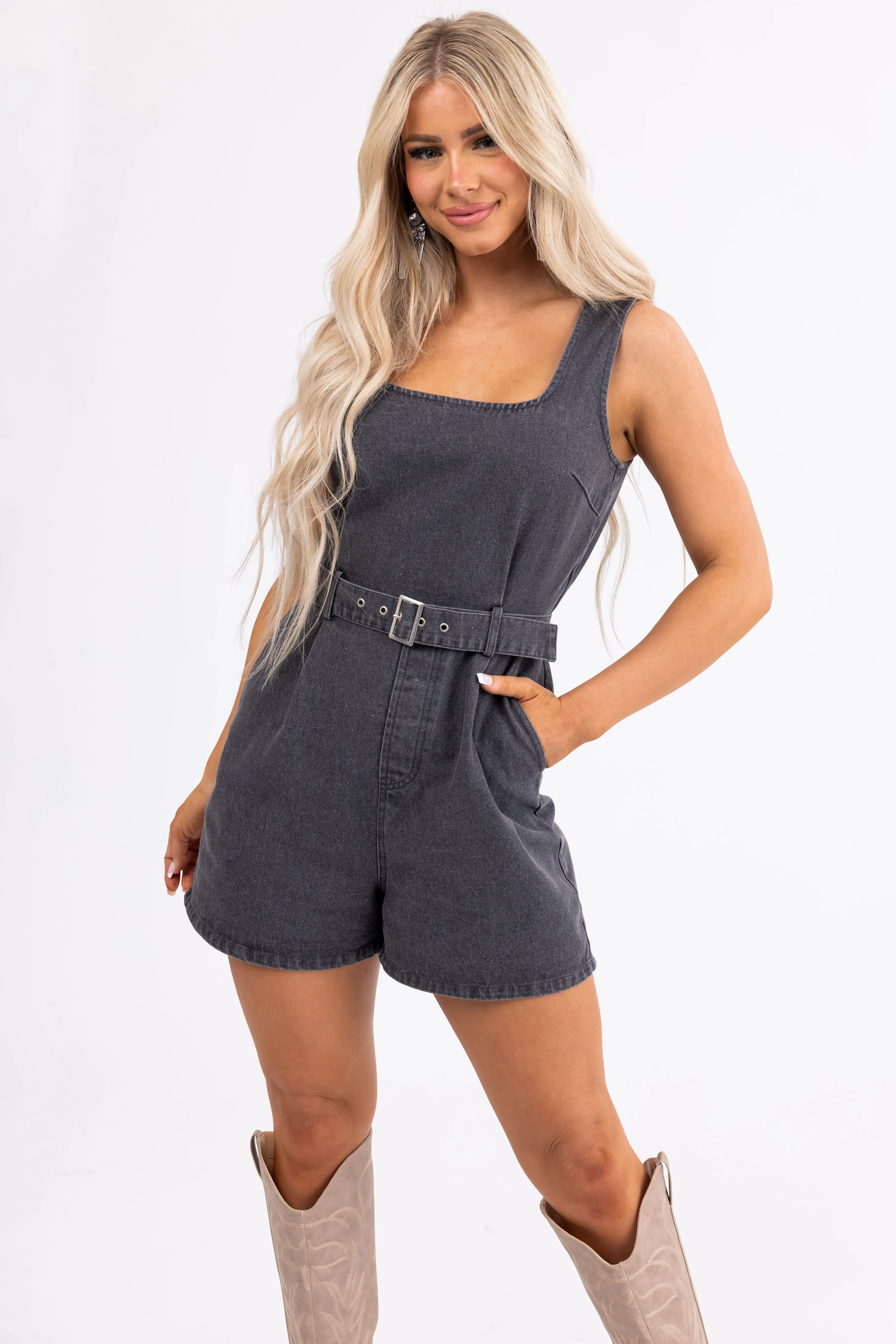 Washed Black Denim Square Neck Romper