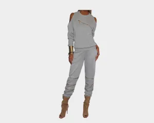 Whispering Gray Cold Shoulder Jog Suit - The Park Avenue