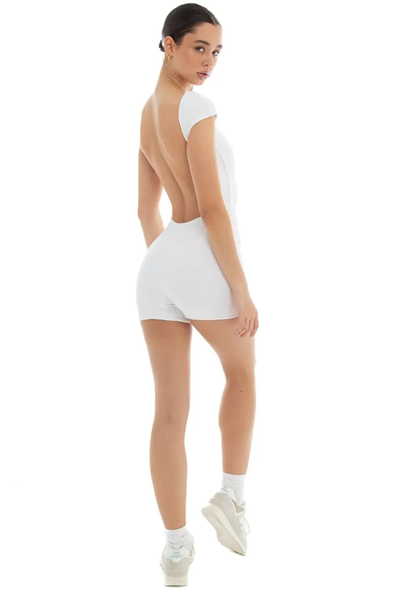 White Backless Tight Short Cap Sleeve Romper