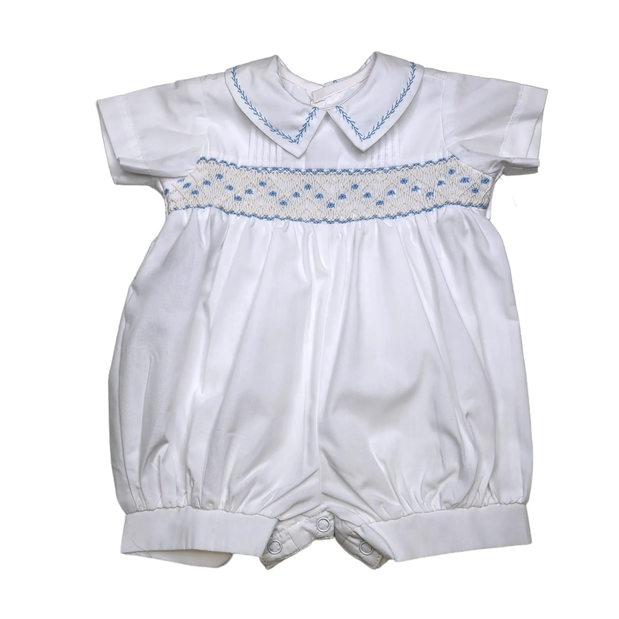 White Finley Boy Romper w/ Blue Smocking