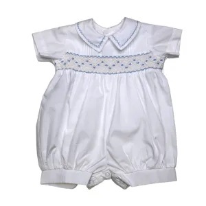 White Finley Boy Romper w/ Blue Smocking