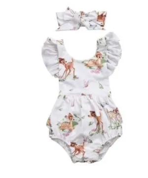 White Girls Bambi Flutter Sleeve Romper with Headband