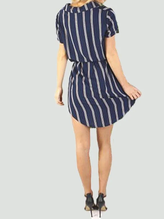 Wholesale Navy Perkins Collar Long Sleeve Stripe Curved Hem Shirt Dress