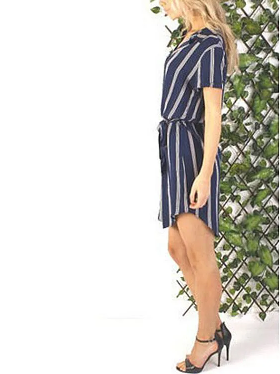 Wholesale Navy Perkins Collar Long Sleeve Stripe Curved Hem Shirt Dress