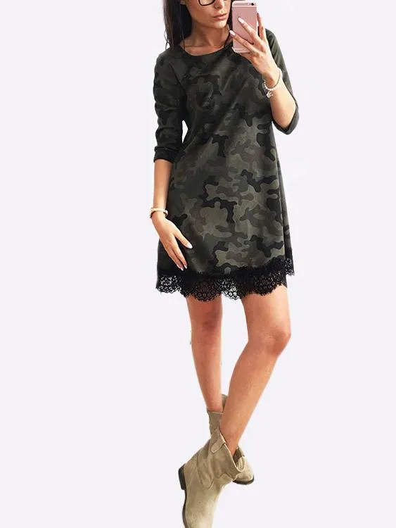 Wholesale Round Neck 3/4 Sleeve Length Lace Shirt Dresses