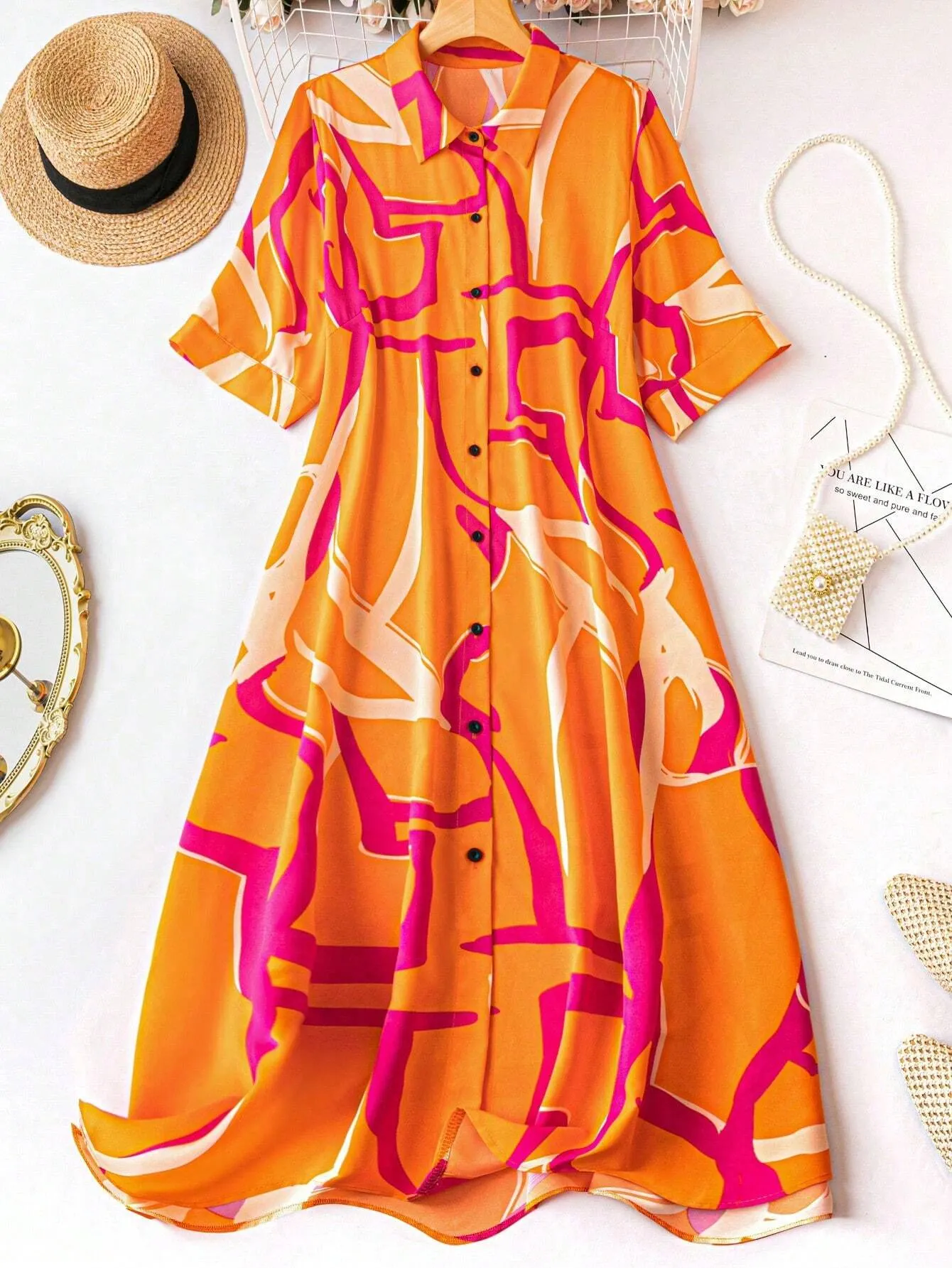 Women Graphic Print Collared A-line Orange Shirt Style Dress