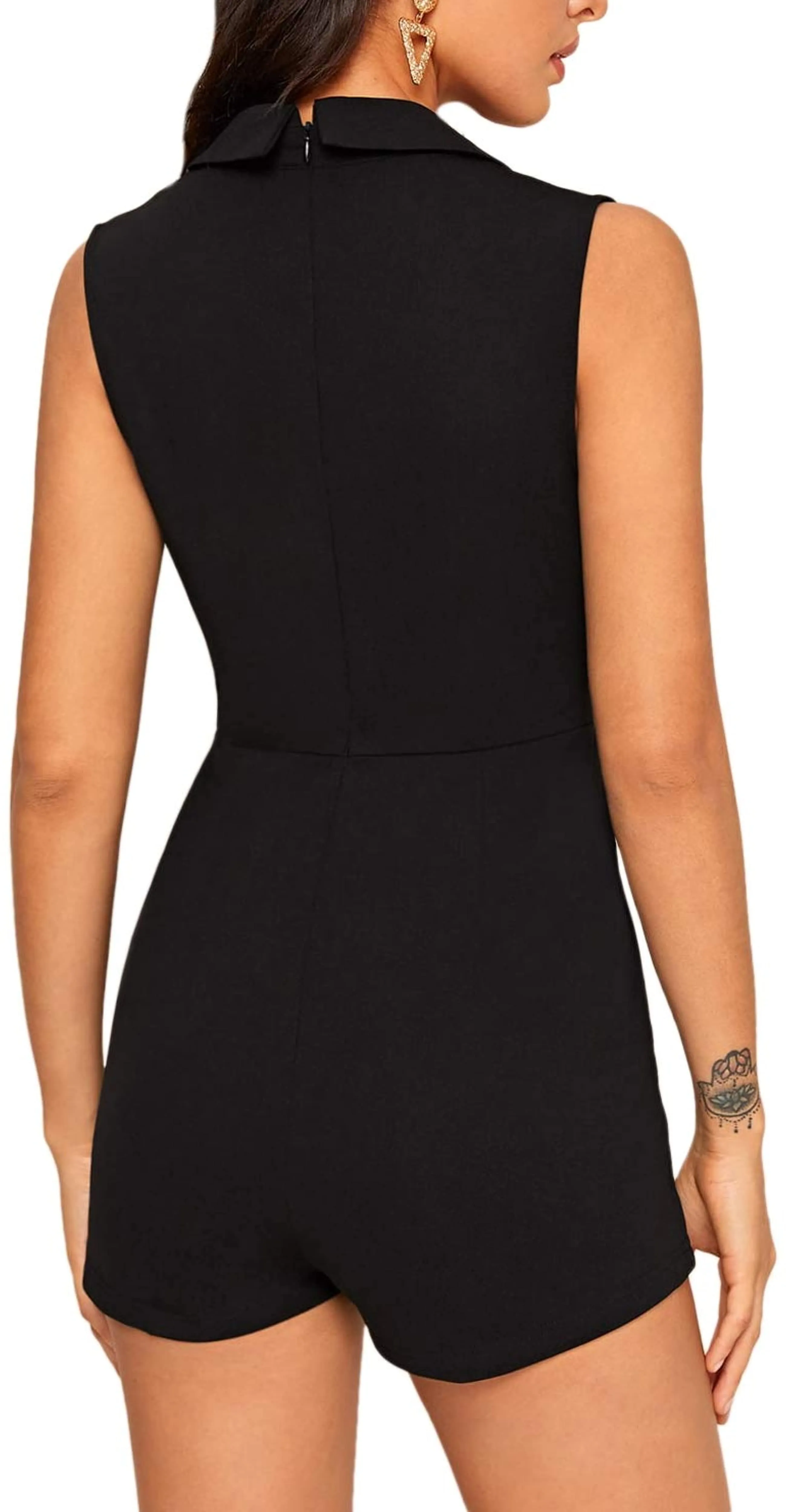 Women's Black Notch Collar Sleeveless Short Romper