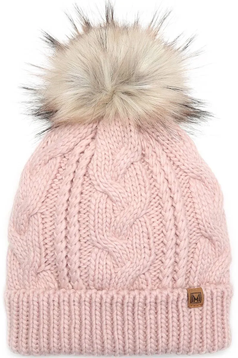 Women's Faux Fur Pom Beanie Hat with Sherpa Lining