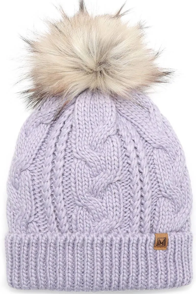 Women's Faux Fur Pom Beanie Hat with Sherpa Lining