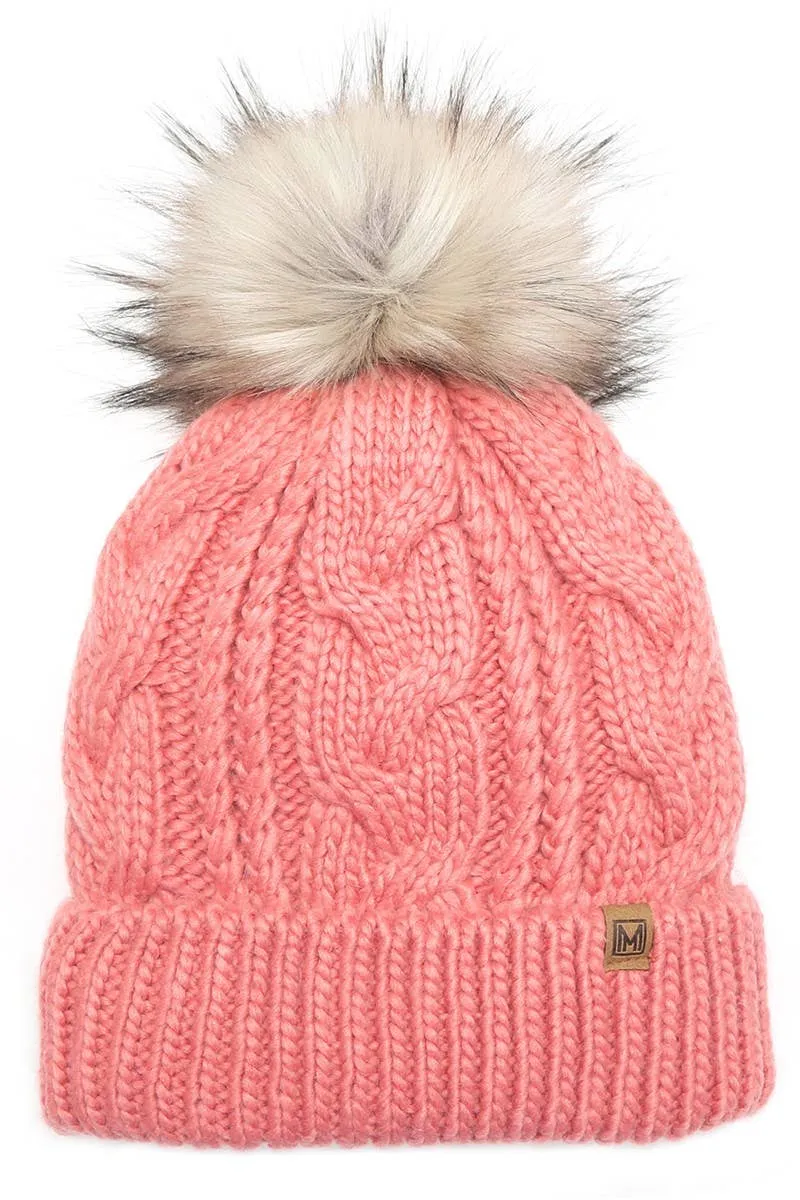 Women's Faux Fur Pom Beanie Hat with Sherpa Lining