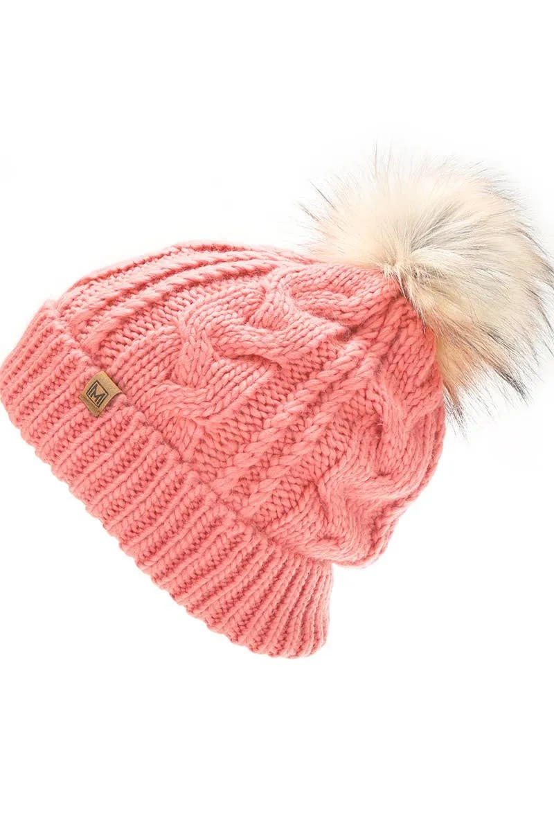 Women's Faux Fur Pom Beanie Hat with Sherpa Lining