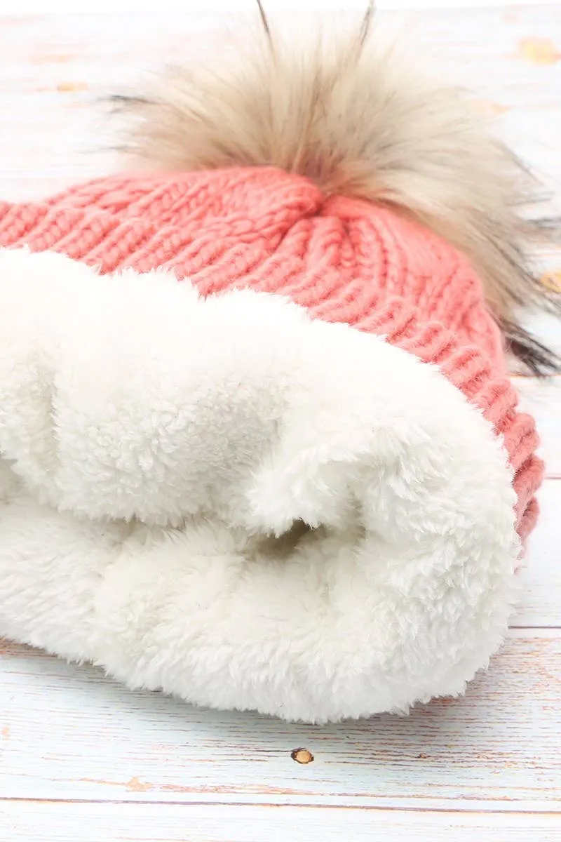 Women's Faux Fur Pom Beanie Hat with Sherpa Lining