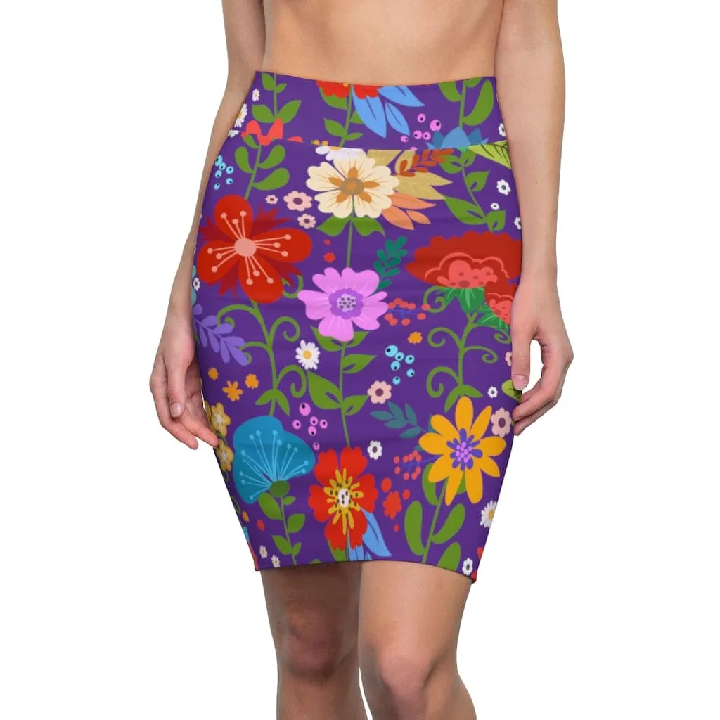 Womens Pencil Skirt - High Waist Stretch - Multicolor Floral Print - Purple