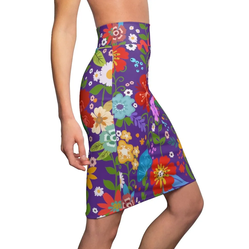 Womens Pencil Skirt - High Waist Stretch - Multicolor Floral Print - Purple