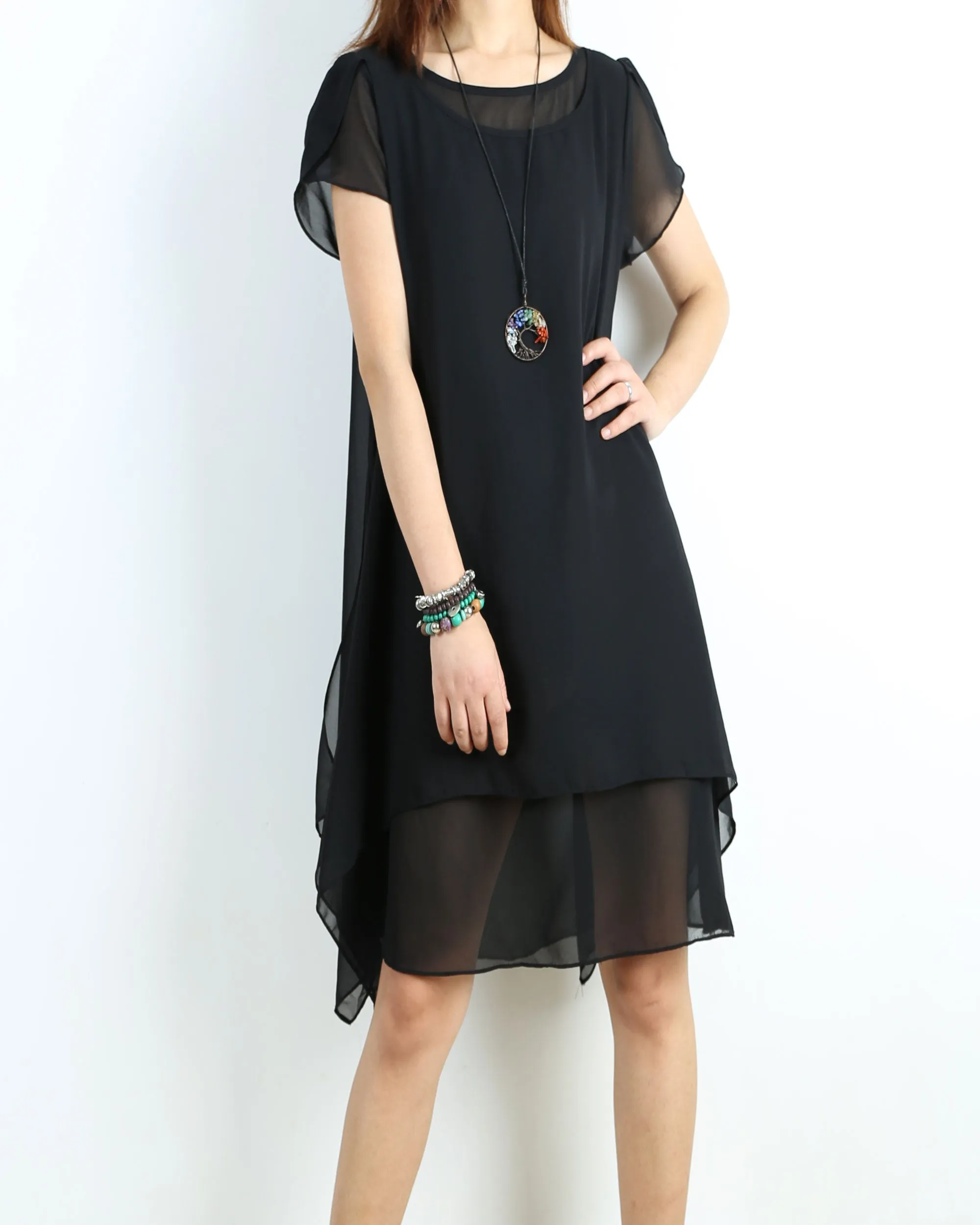 Women's short sleeves tunic dress/chiffon dress/Casual Tunic top/summer dress/customized oversized dress/black tunic top(Y1709)