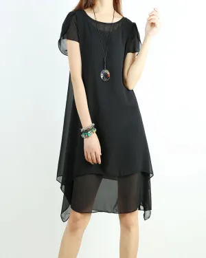 Women's short sleeves tunic dress/chiffon dress/Casual Tunic top/summer dress/customized oversized dress/black tunic top(Y1709)