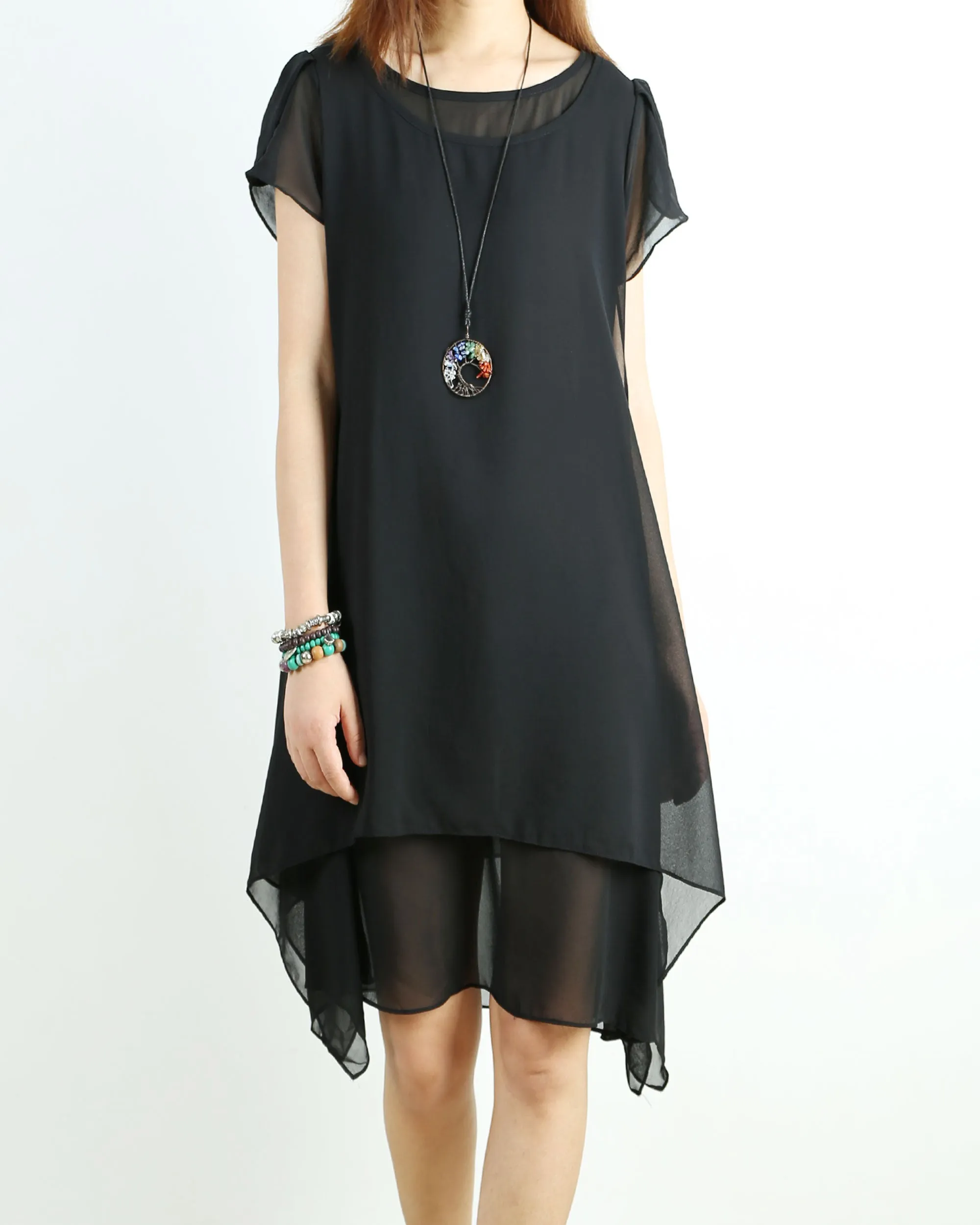 Women's short sleeves tunic dress/chiffon dress/Casual Tunic top/summer dress/customized oversized dress/black tunic top(Y1709)