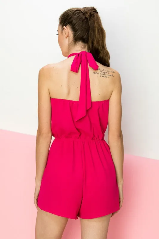 Woven Halter Fuchsia Drawstring Sleeveless Romper