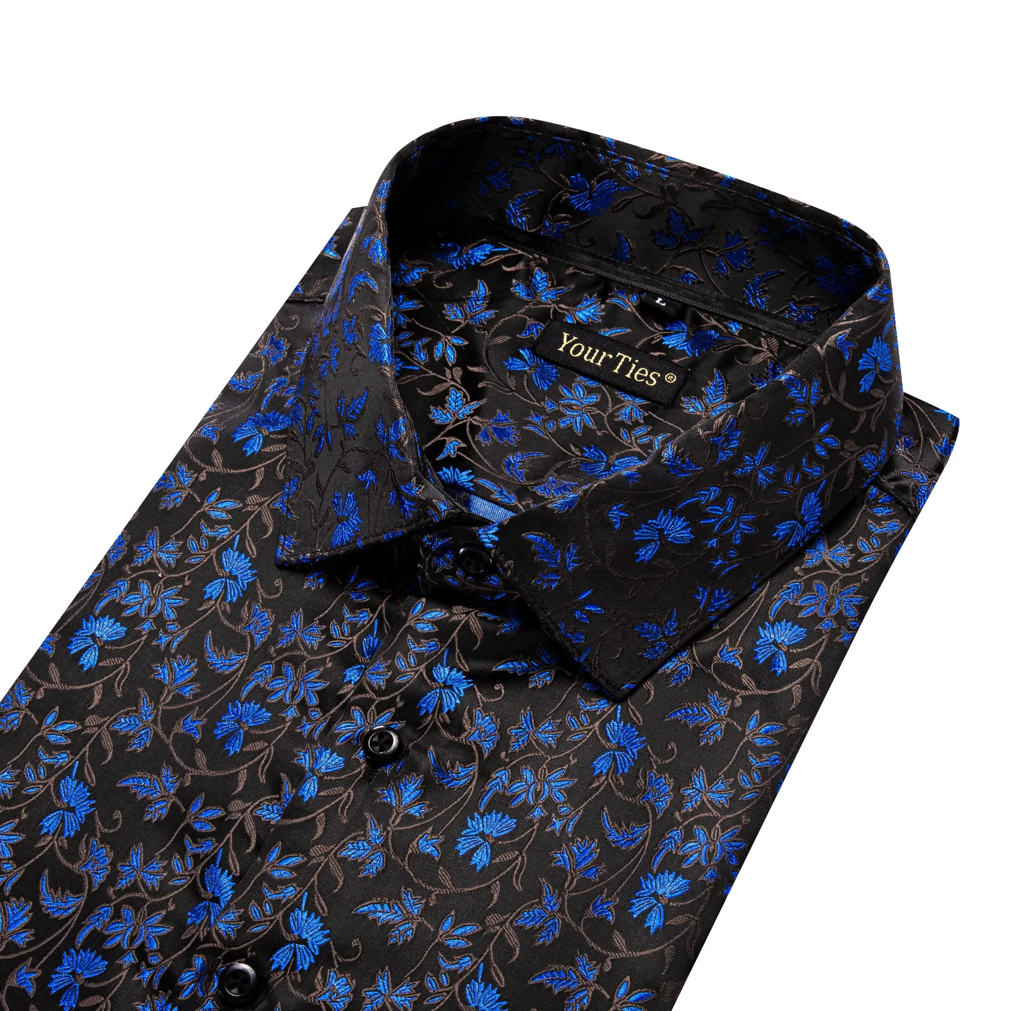 YourTies Black Mens Top Blue Floral Jacquard Long Sleeve Dinner Shirt